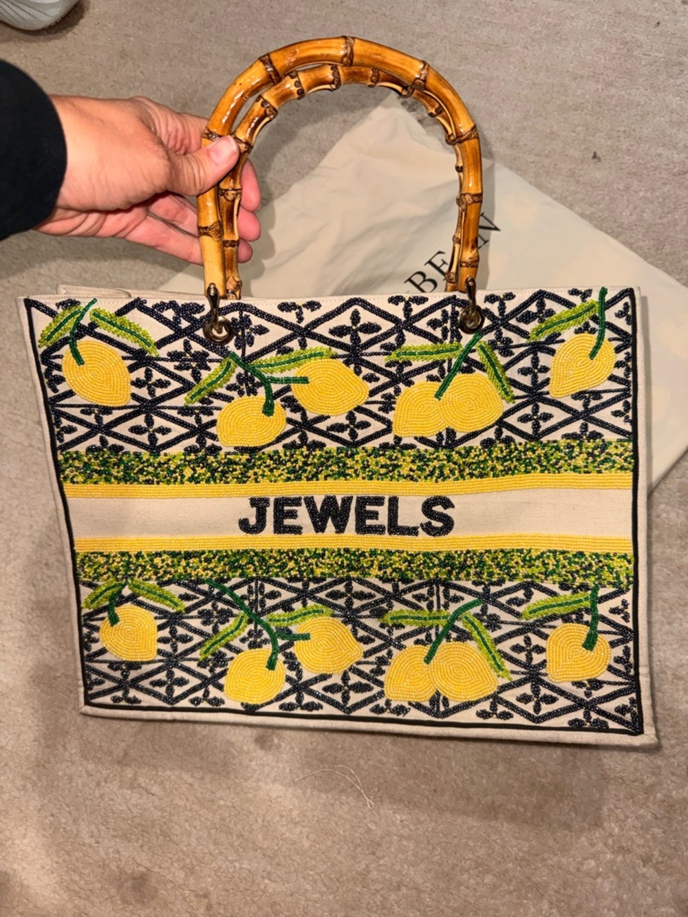 Lemon Pattern Bamboo Handle Tote Bag in Yellow and Black. Hand sewn beads - Picture 2 of 7